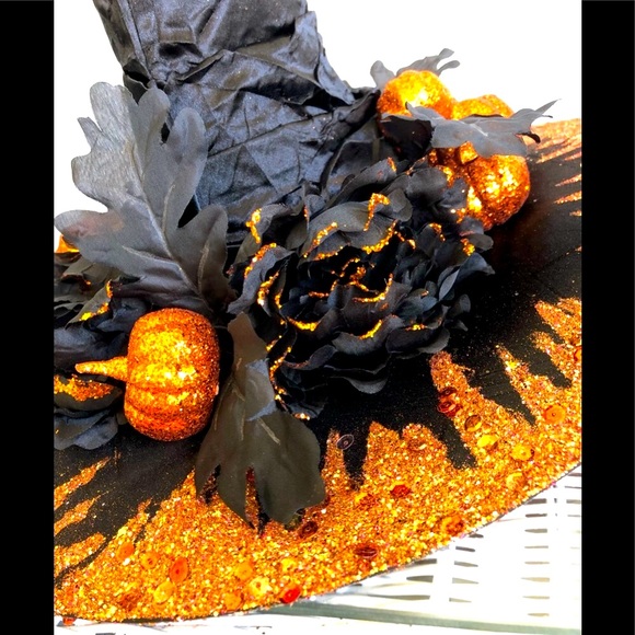 1 of Pumpkin patch witch hat Orange sparkles top & under brim black leaves 18"h - Picture 4 of 16